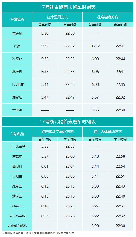 17号线首未班车时刻表
