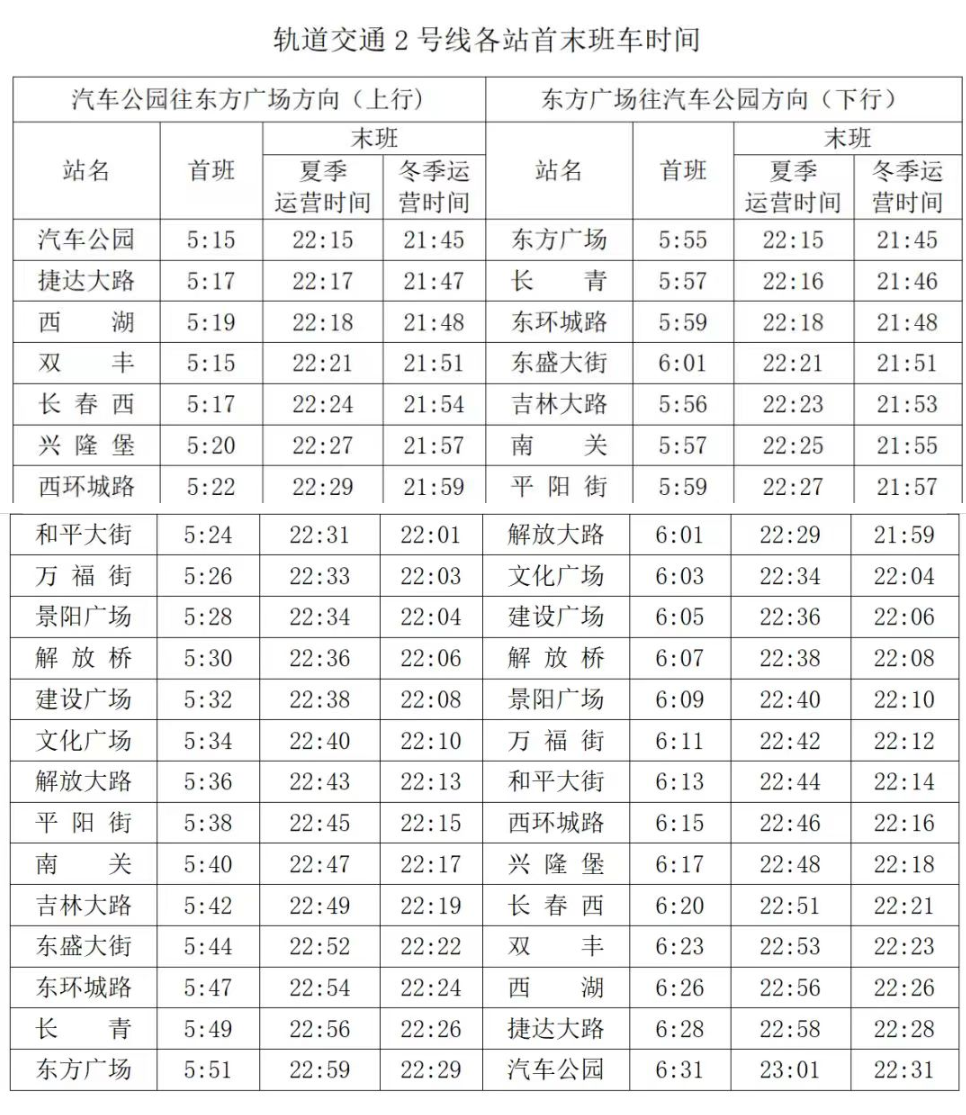 长春地铁2号线首末车时刻表