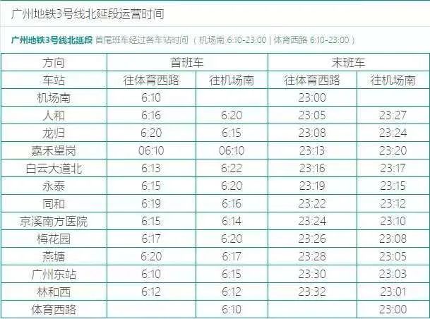广州地铁3号线首末班车时刻