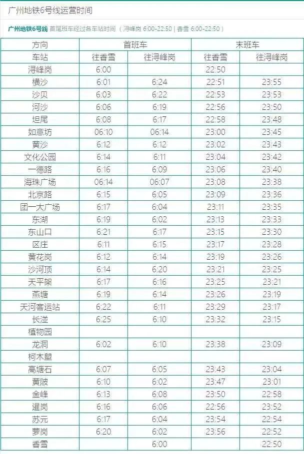 广州地铁6号线首末班车时刻