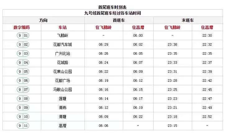 广州地铁9号线首末班车时刻