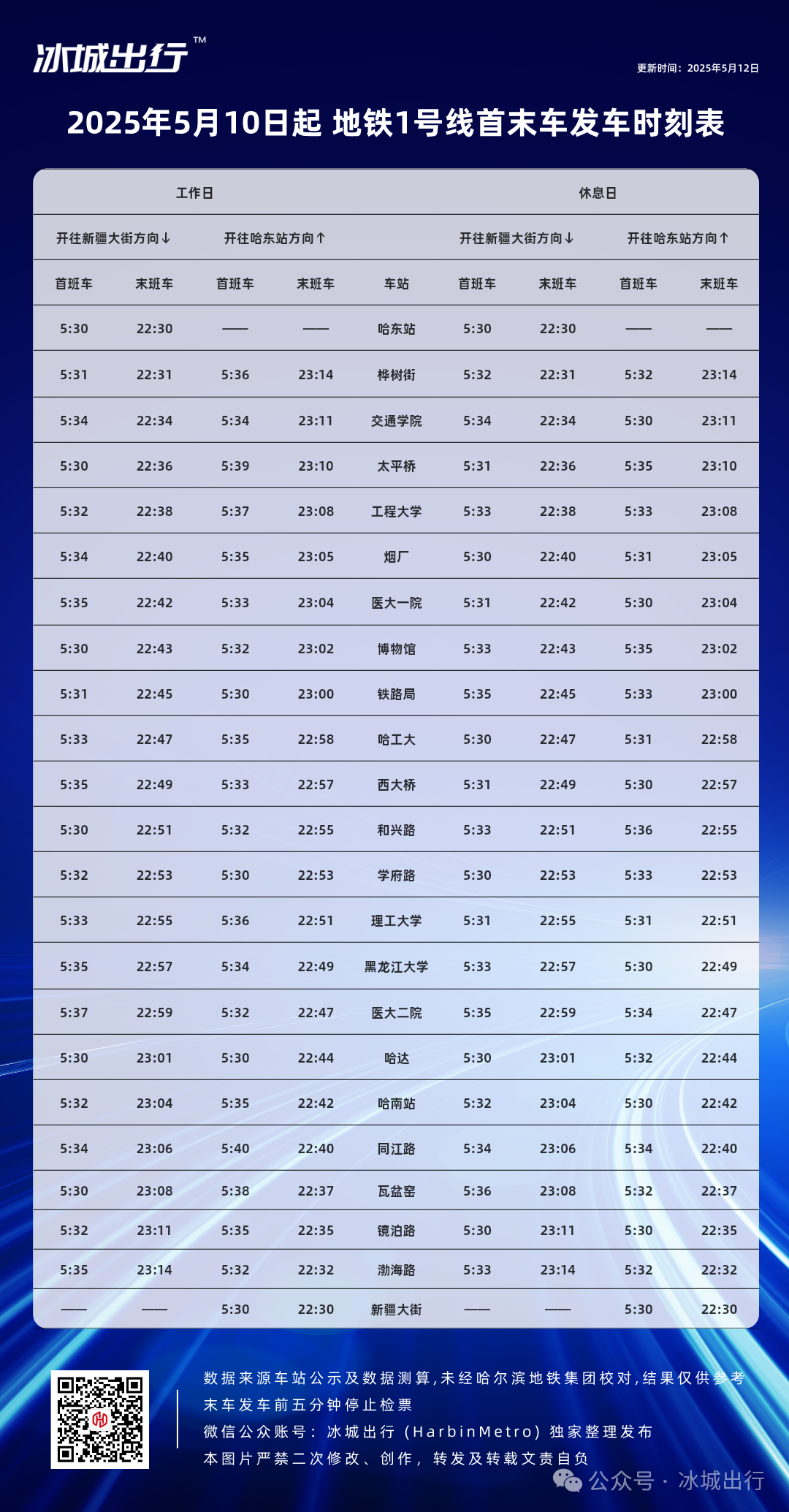 哈尔滨地铁1号线首末班车时刻