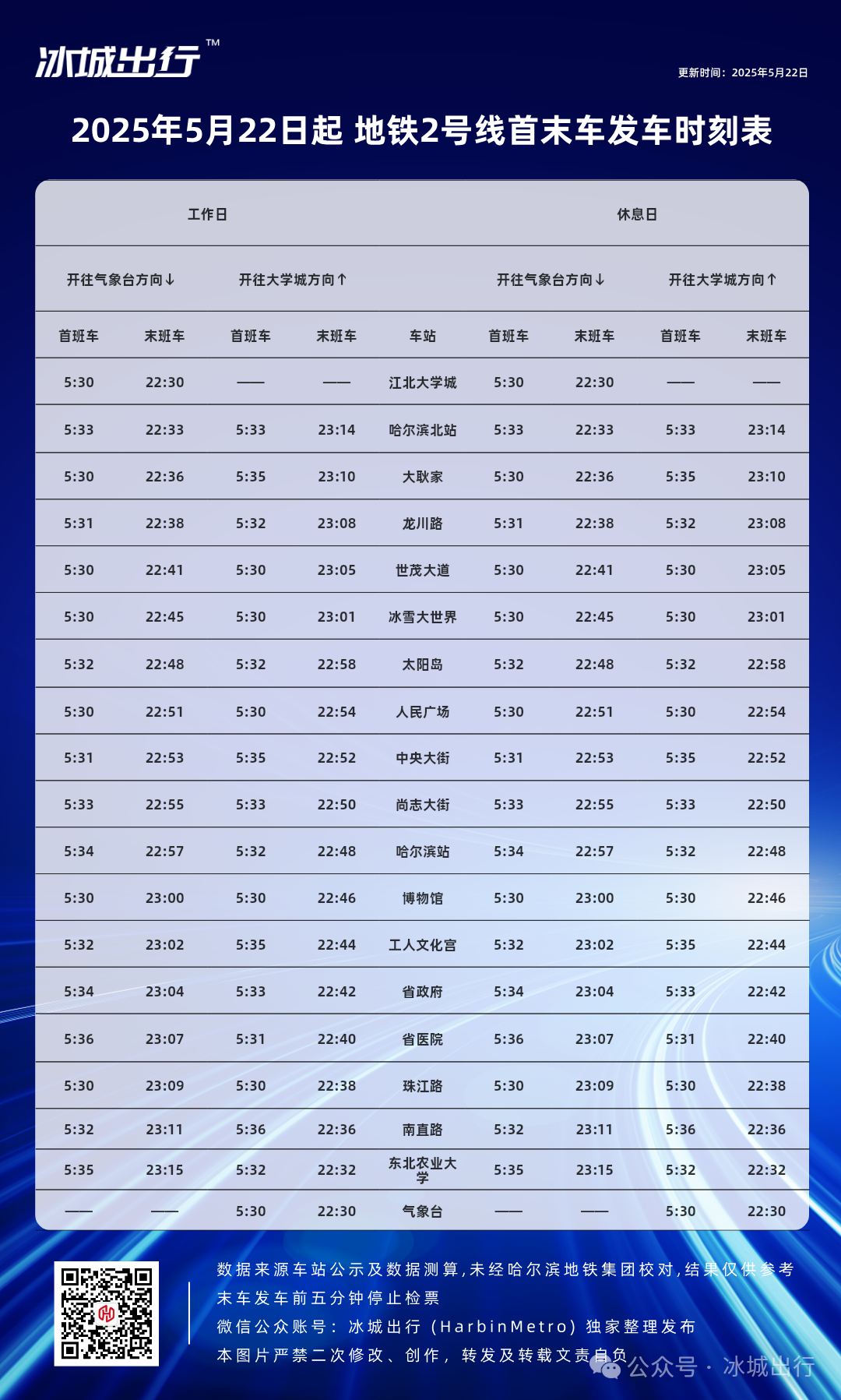 哈尔滨地铁2号线首末班车时刻