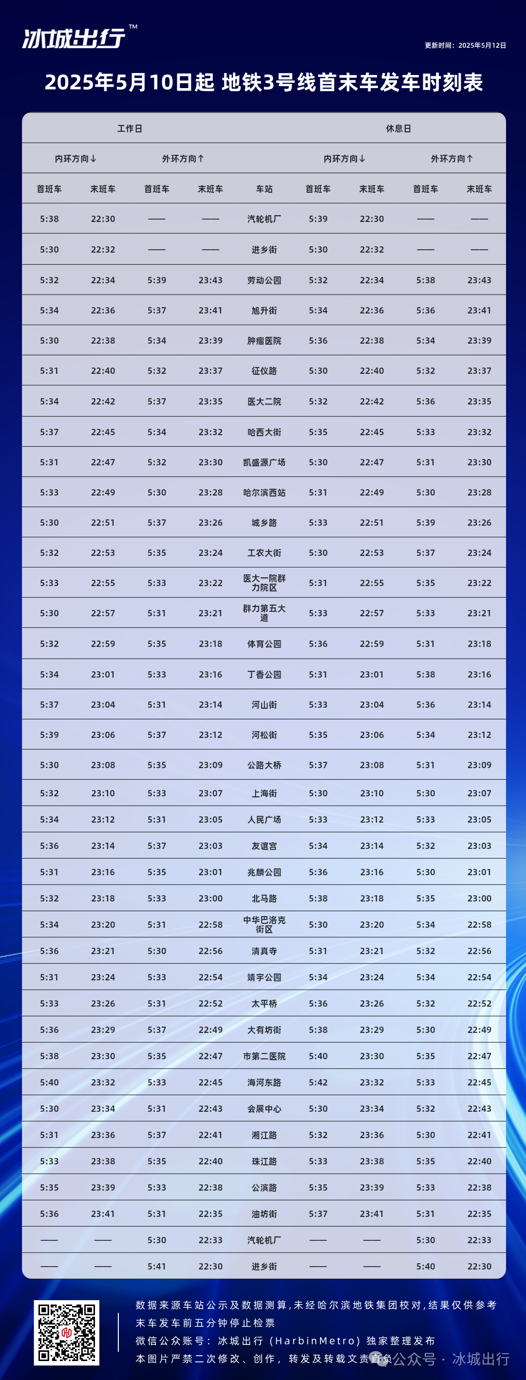 哈尔滨地铁3号线首末班车时刻