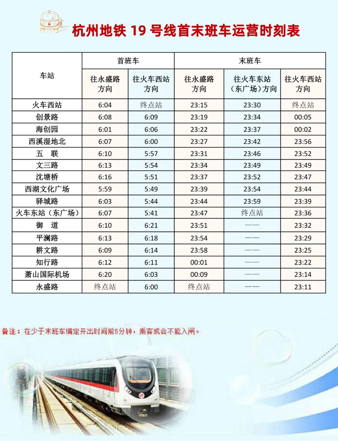 2025杭州地铁19号线首末班车时刻表