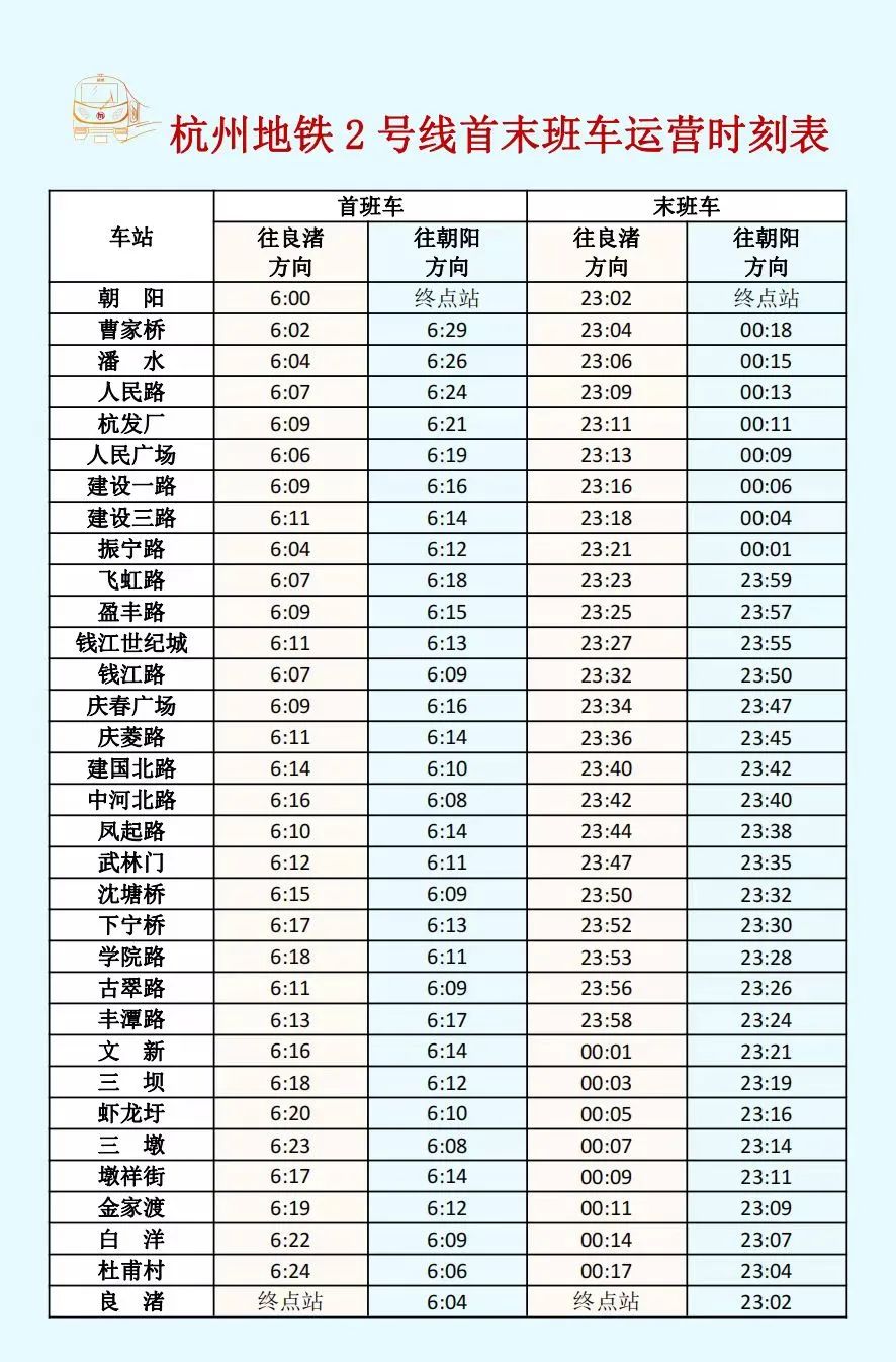 2025杭州地铁2号线首末班车时刻表