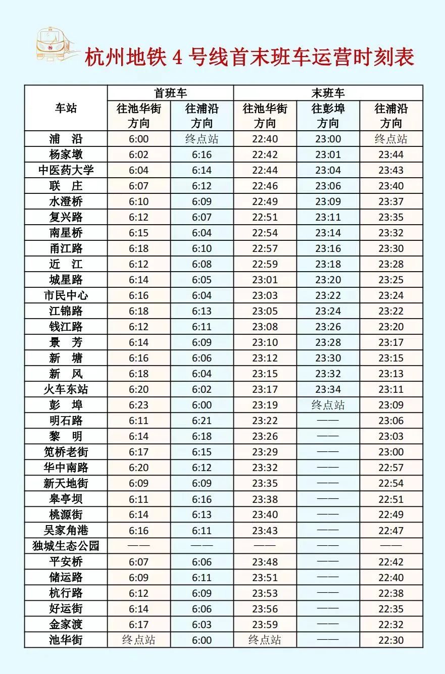 2025杭州地铁4号线首末班车时刻表