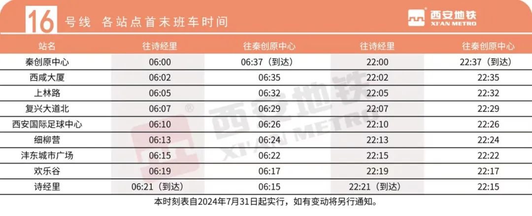 2025西安地铁16号线首末班车时刻表